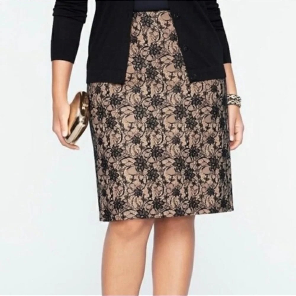 Talbots Black 2 Floral Lace Overlay on Tan Wool Blend Pencil Skirt Classic Chic